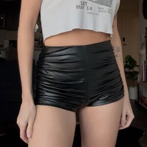 Black Faux Leather Ruched Shorts
